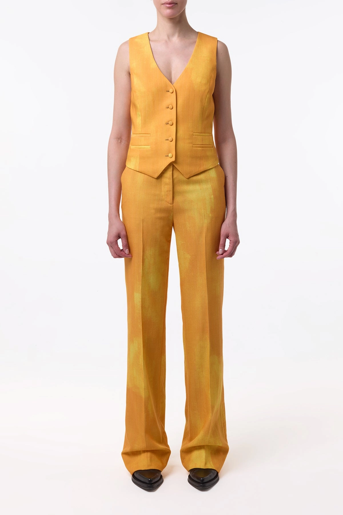 Vesta Flare Pant in Cadmium Yellow Virgin Wool Sleek Tailoring Layered Wear
