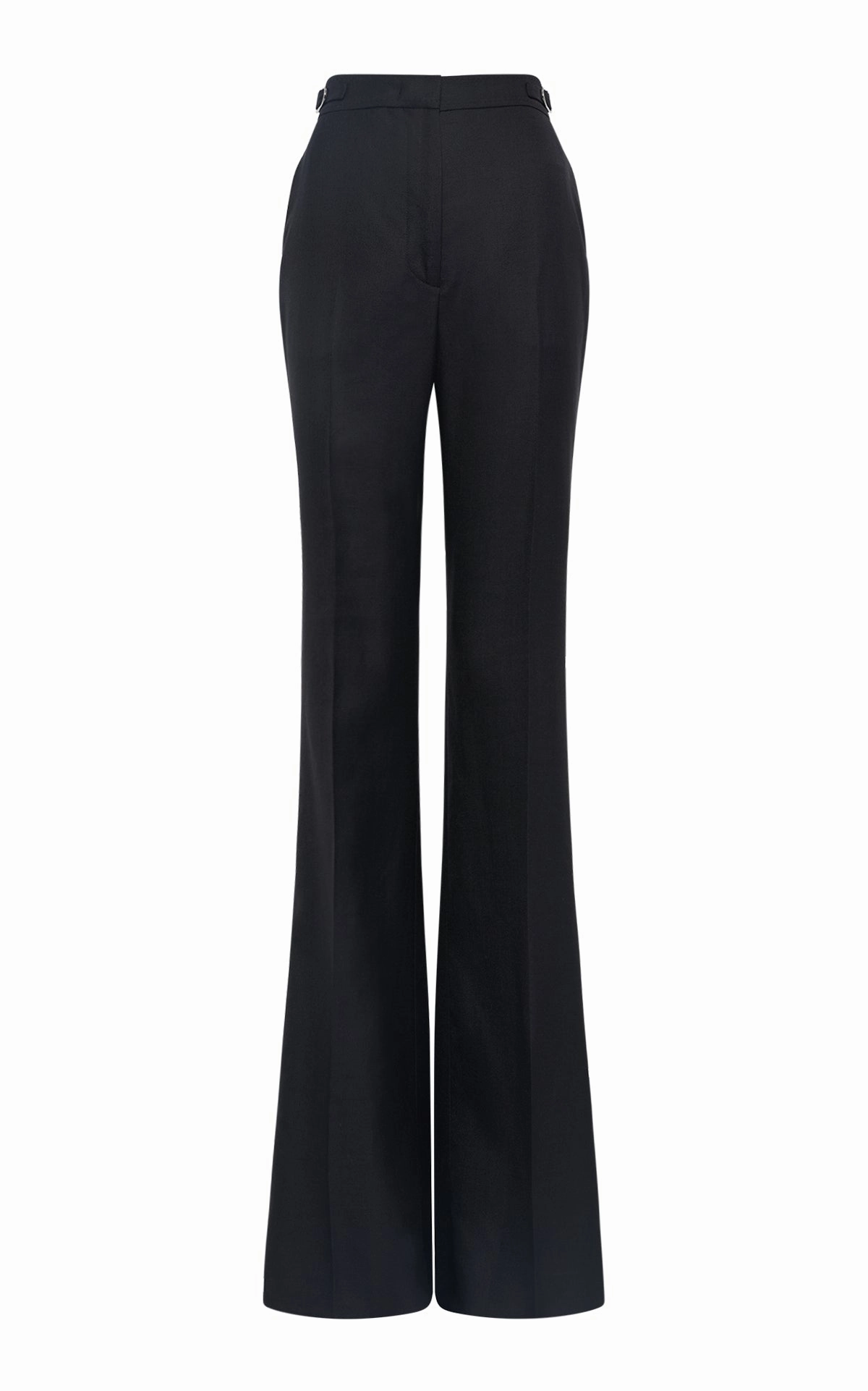Vesta Flared Pant in Black Virgin Wool Silk with Linen Light Reflective Trim Refined Tailoring