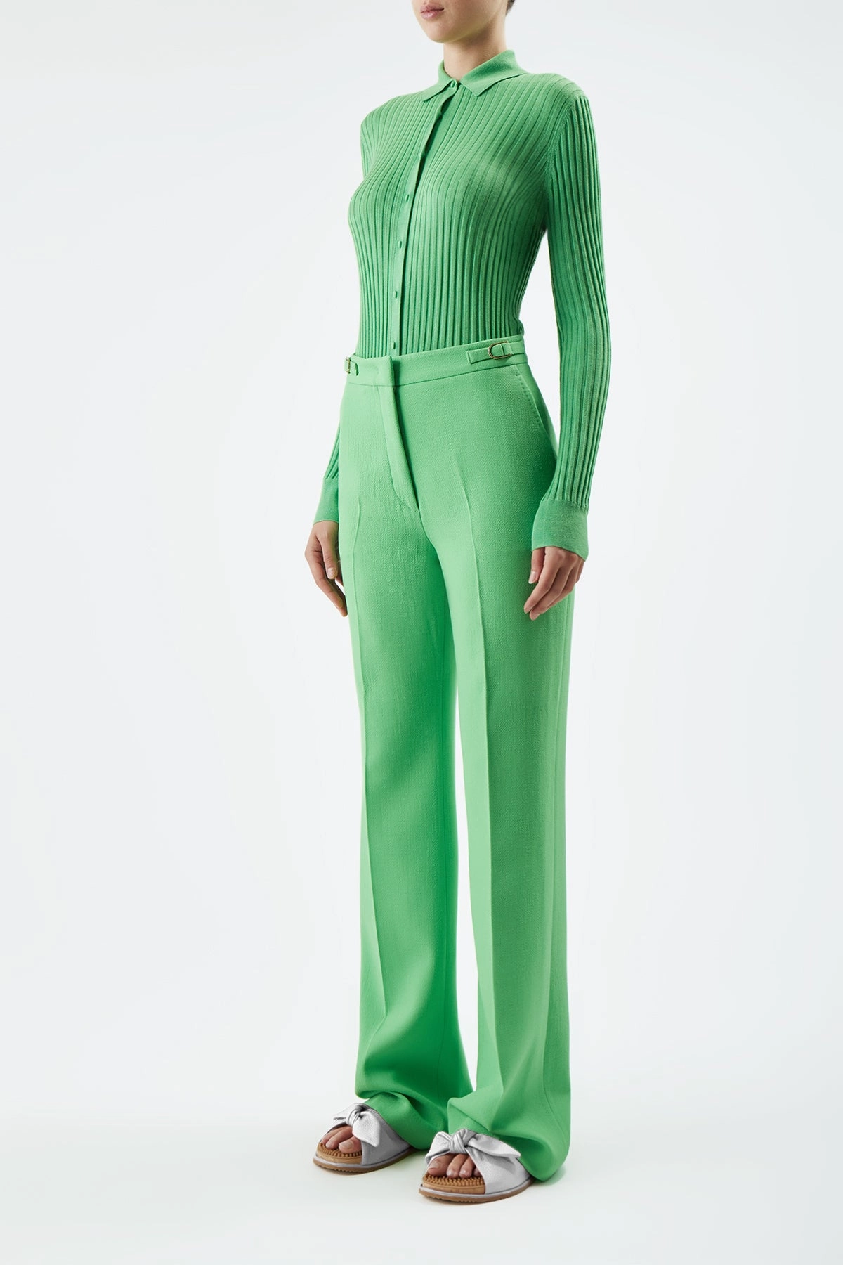 Vesta Pant in Fluorescent Green Virgin Wool Crepe Sharp Silhouette Sharp Business Look