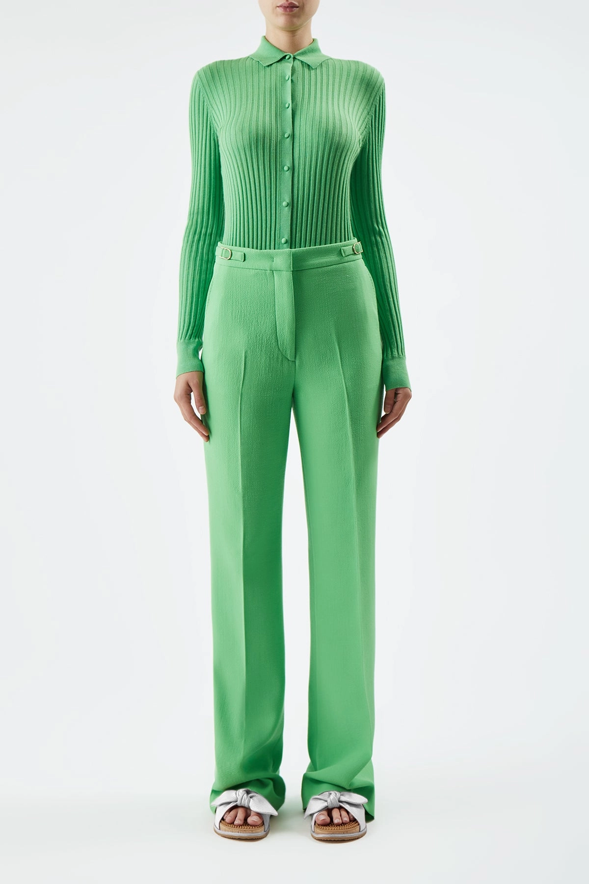 Vesta Pant in Fluorescent Green Virgin Wool Crepe Tailoring Enhancement Features