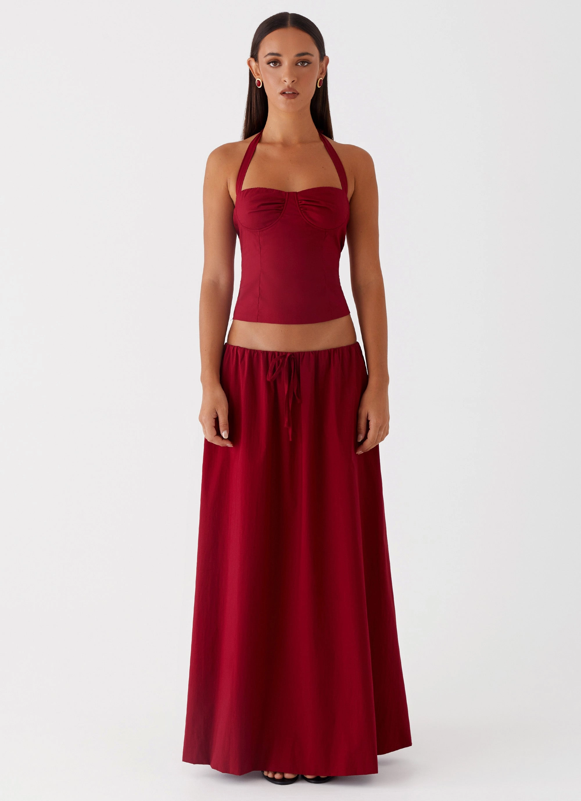 Cheryl Maxi Skirt - Cherry Red Twist Front Design