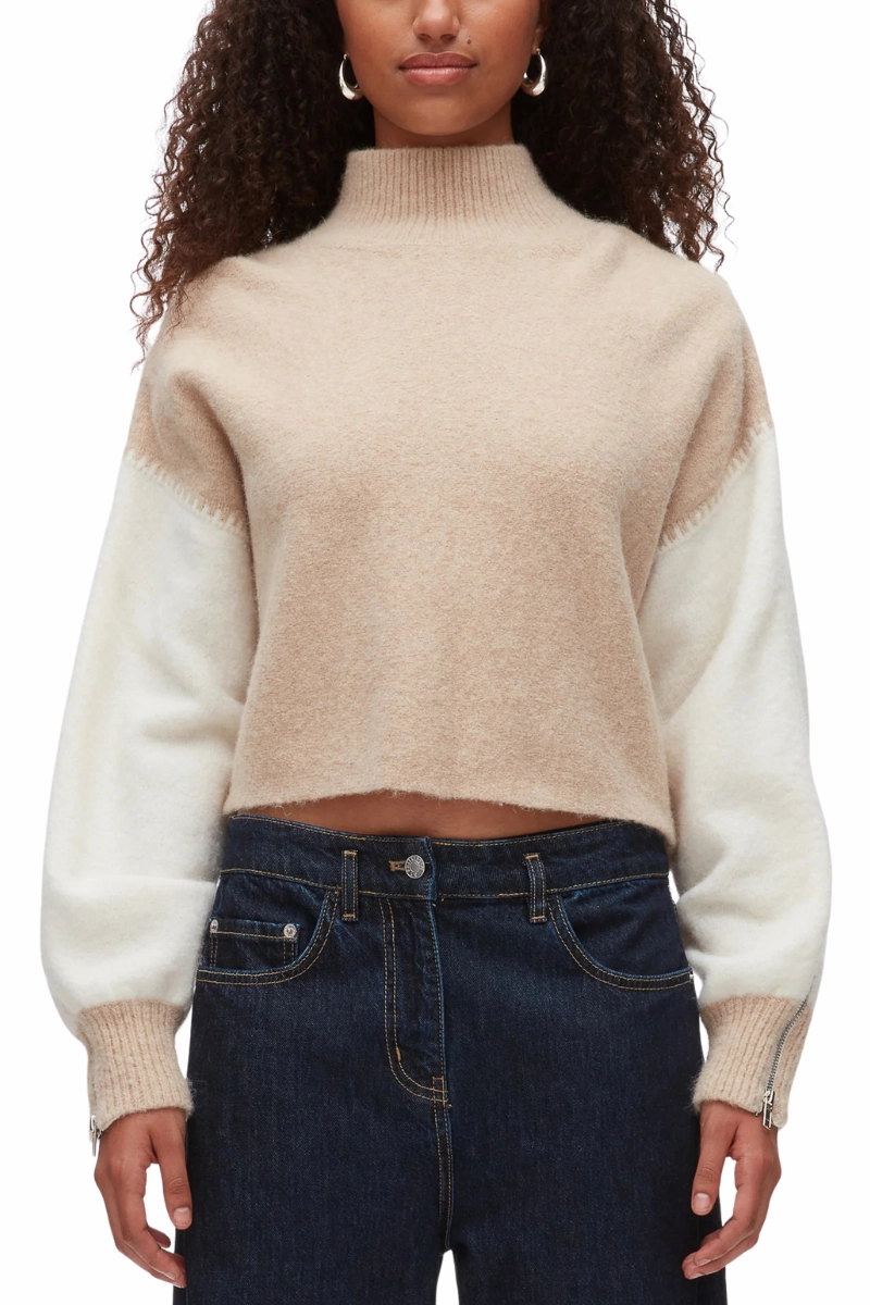 Colorblock Zip Sleeve Turtleneck Machine washable