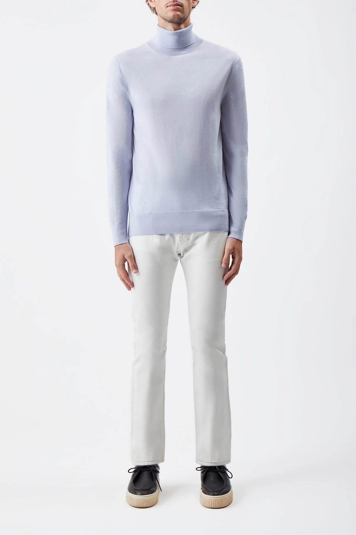 Bonded Hem Technology Cozy Loopback Fabric Jermaine Knit Turtleneck in Halogen Blue Merino Wool