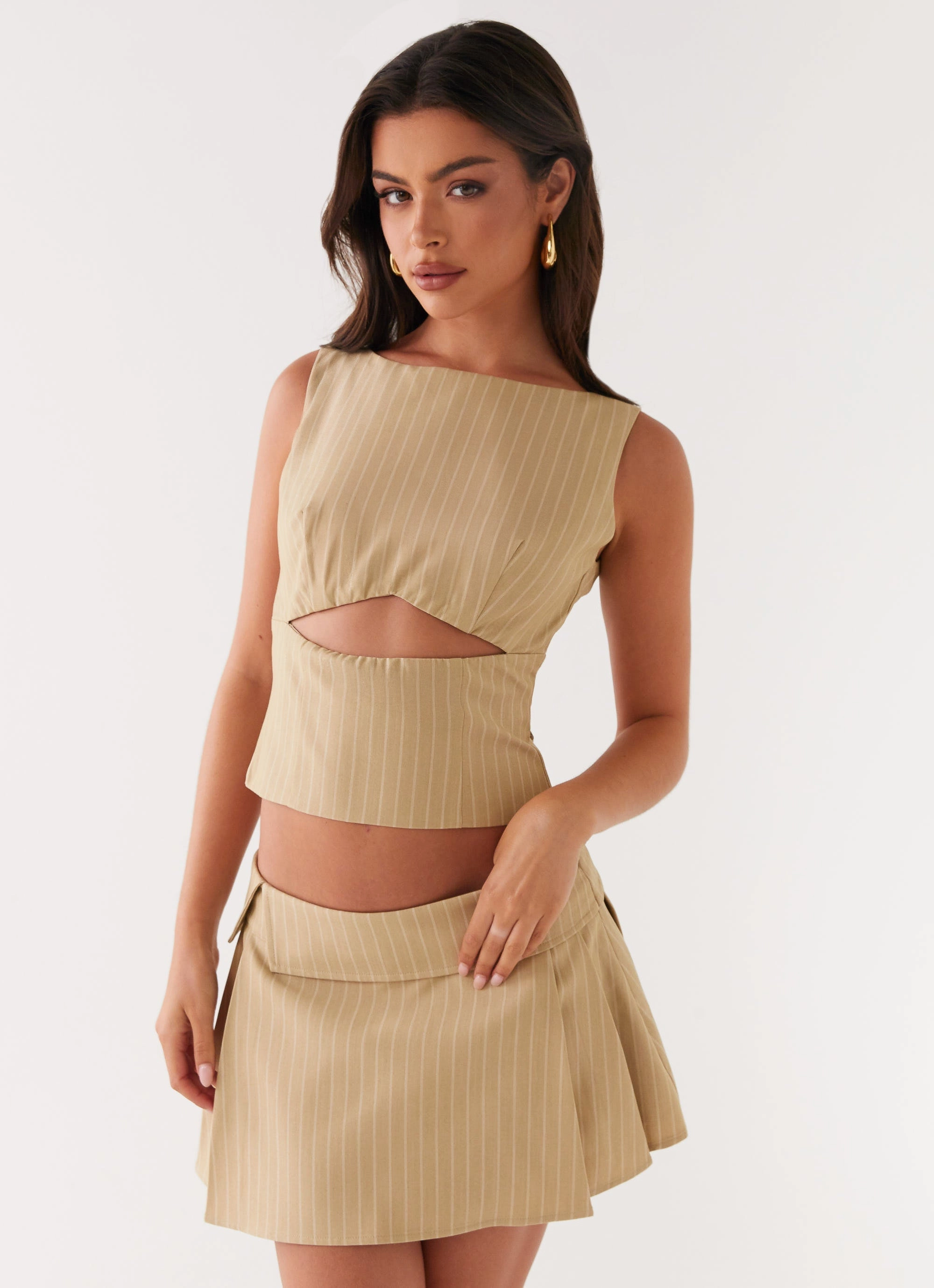 Frayed Finish Miki Mini Skirt - Beige Stripe