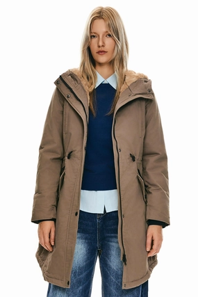 Fleece-Lined Hooded Parka Jacket with Pockets Elasticized Edging