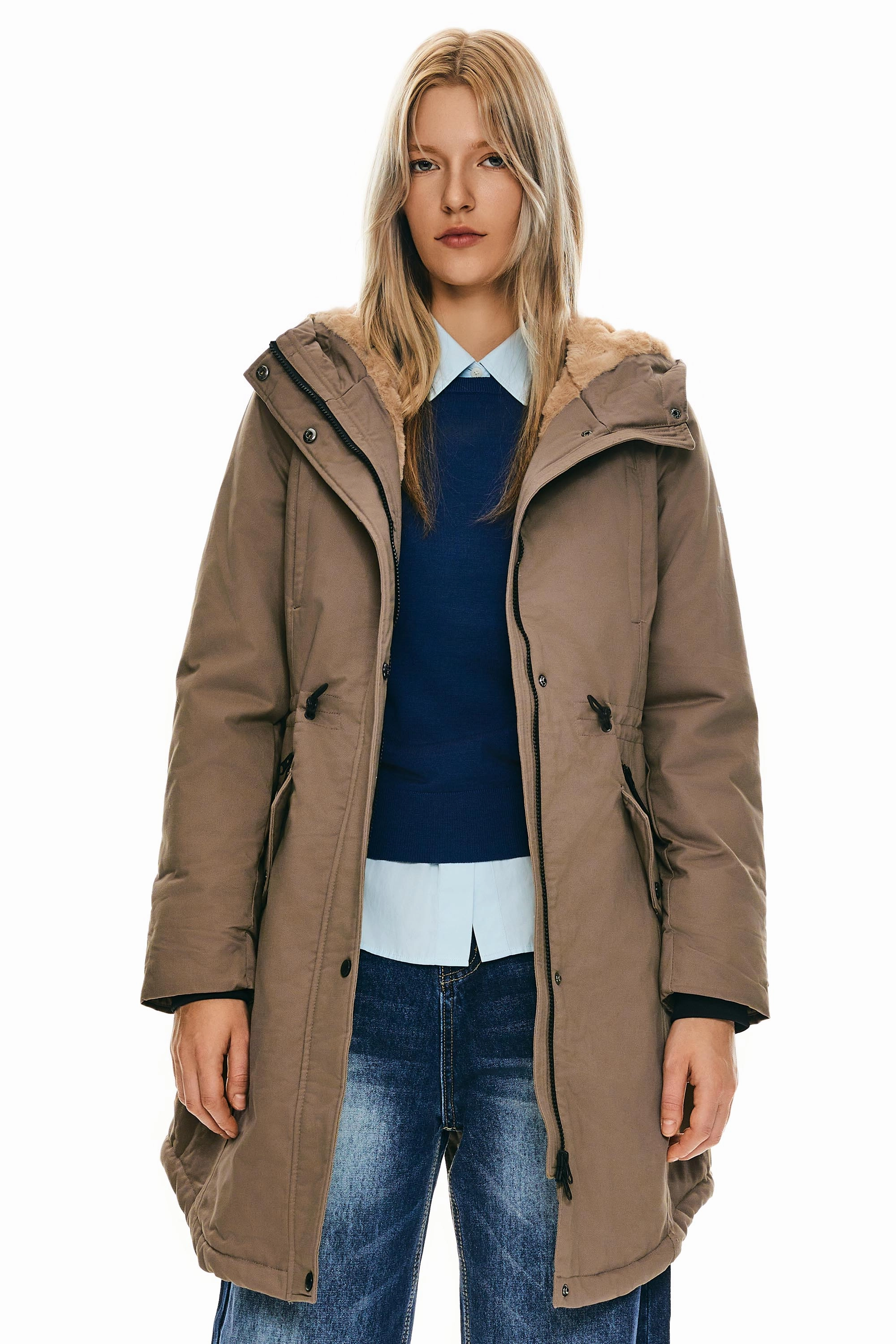 Fleece-Lined Hooded Parka Jacket with Pockets Elasticized Edging