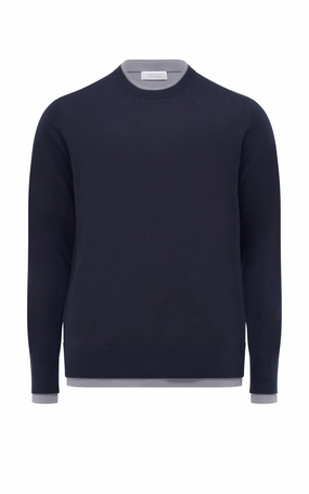 Wells Knit Sweater in Dark Navy & Heather Grey Cashmere Silk Midweight Feel