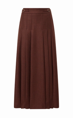 Classic Design Wear Tailored Style Fit Wesley Pleated Midi Skirt in Burnt Sienna Wool Cashmere Flannel