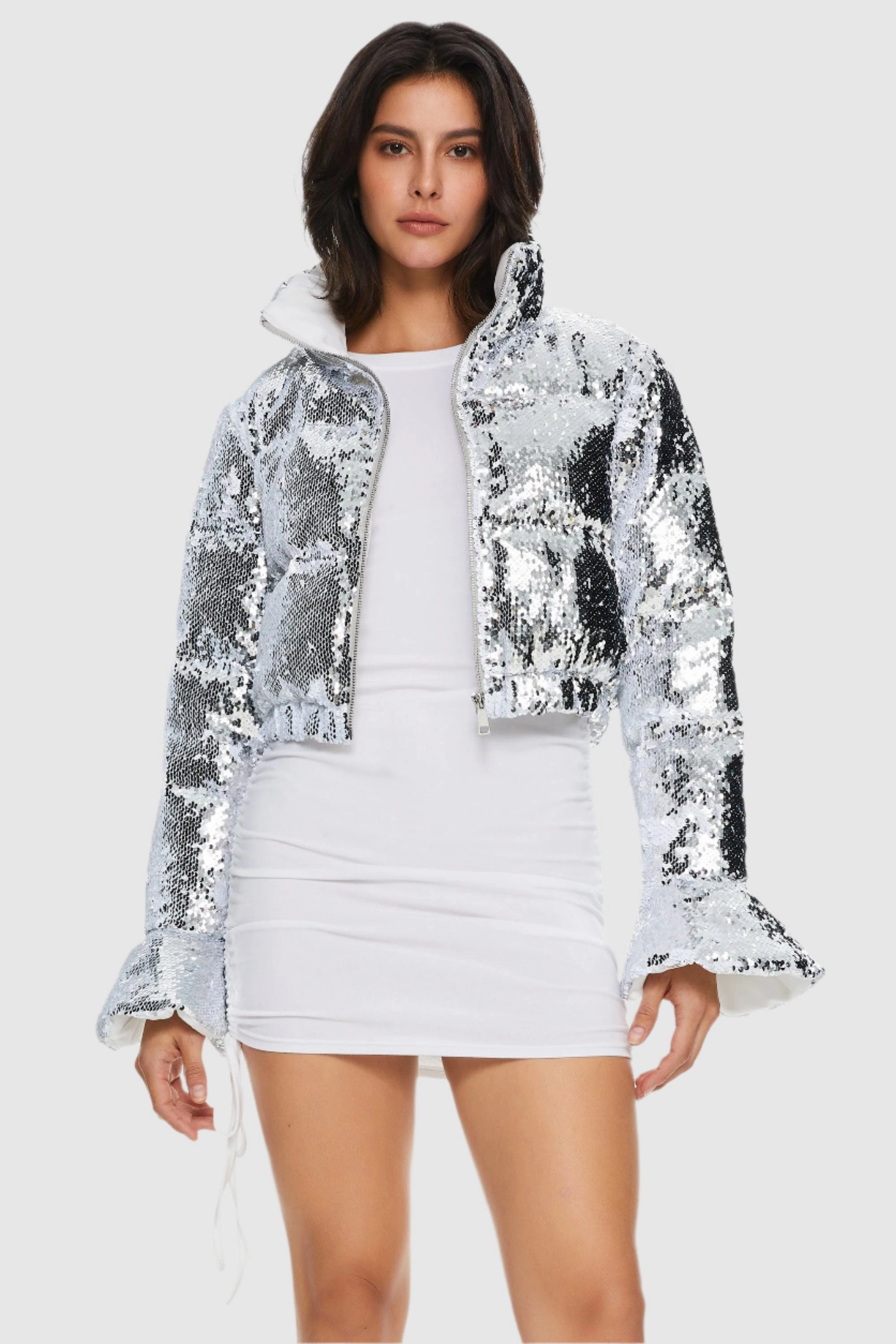 Adjustable Drawstring Hood Sequin Fashion Petite Down Jacket with Stand Collar