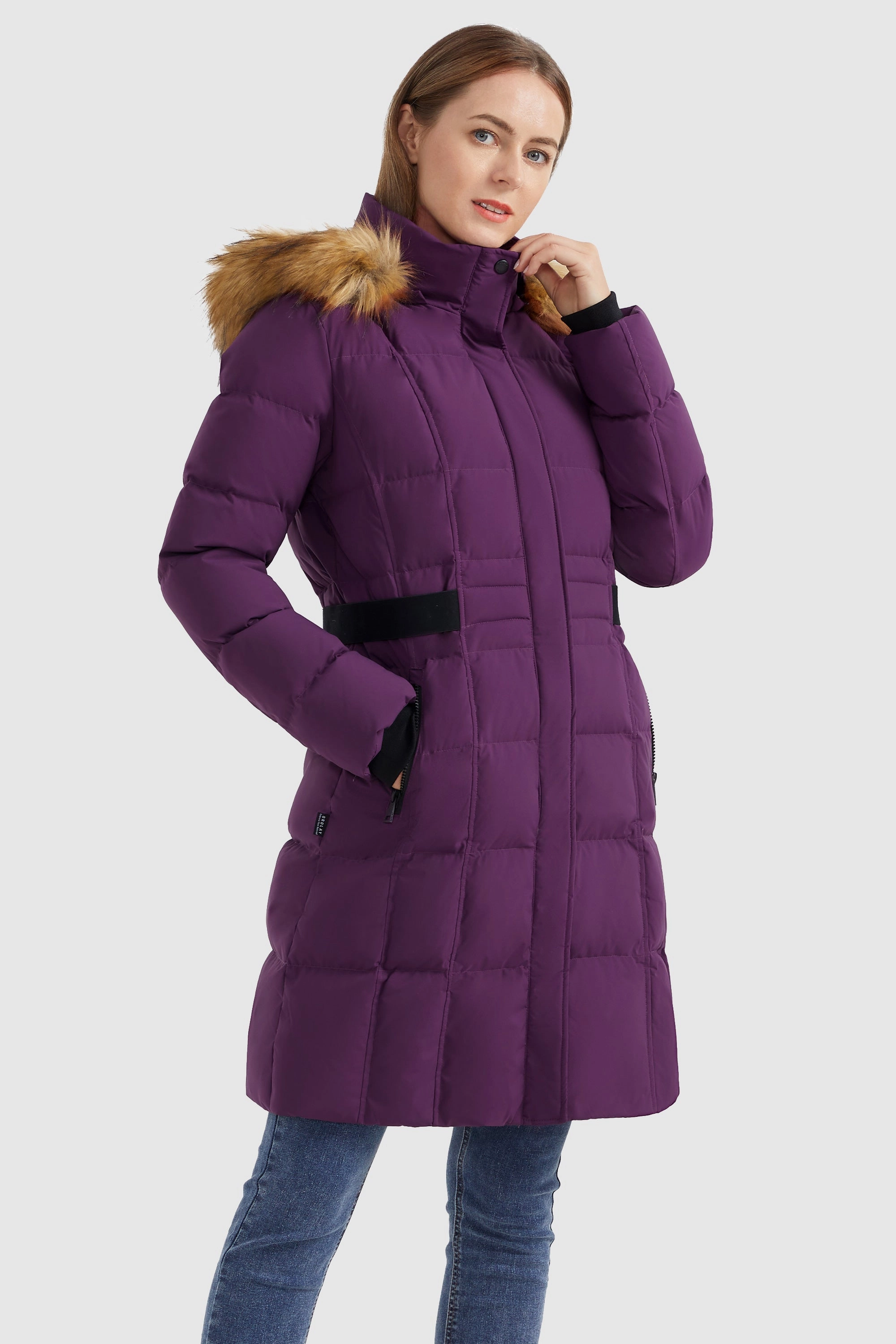 Solid Faux Fur Trim Hood Puffer Down Coat Soft Layers Breathable Mesh Panels