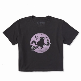 Women's Cat and Tiny Witch Short Sleeve Crusher Boxy Tee Soft Wear High Quality Printing