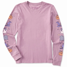 Casual Style Compact Stitch Pattern Women's Doodle Halloween Long Sleeve Crusher Tee