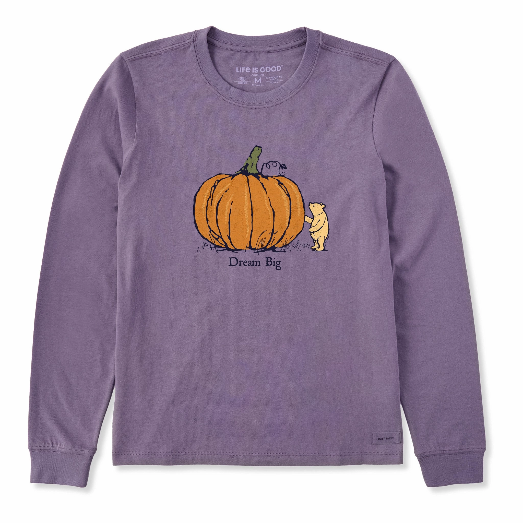 Women's Dream Big Winnie Pumpkin Long Sleeve Crusher Tee Tagless Neckline AntiPilling Treatment
