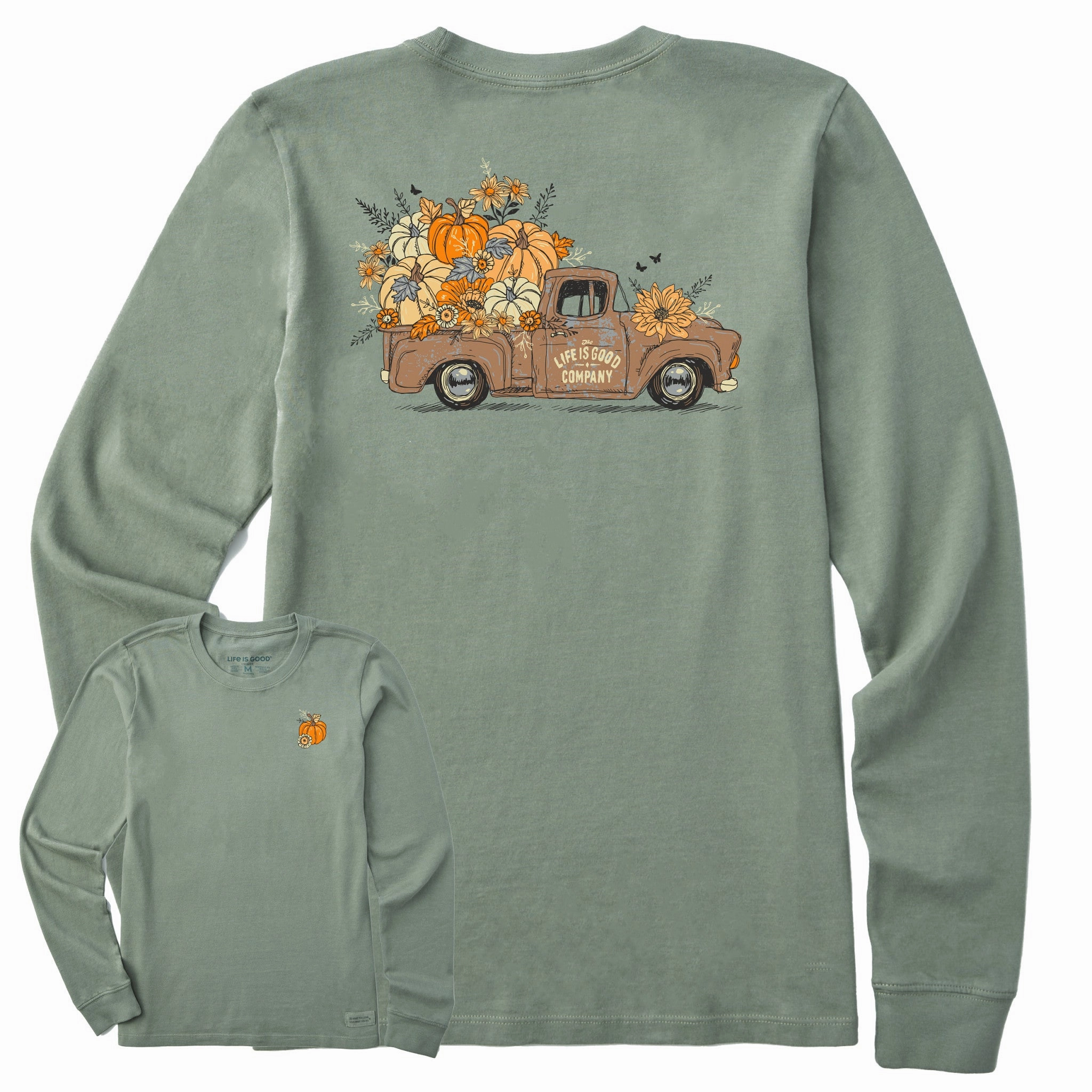 Women's Fall Flowers & Pumpkins Pickup Long Sleeve Crusher Tee Spring Freshness