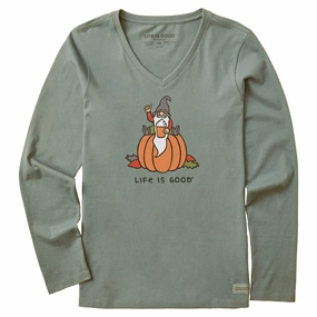 Bold Comfort Low Impact Processing Women's Gnome Pumpkin Long Sleeve Crusher Vee