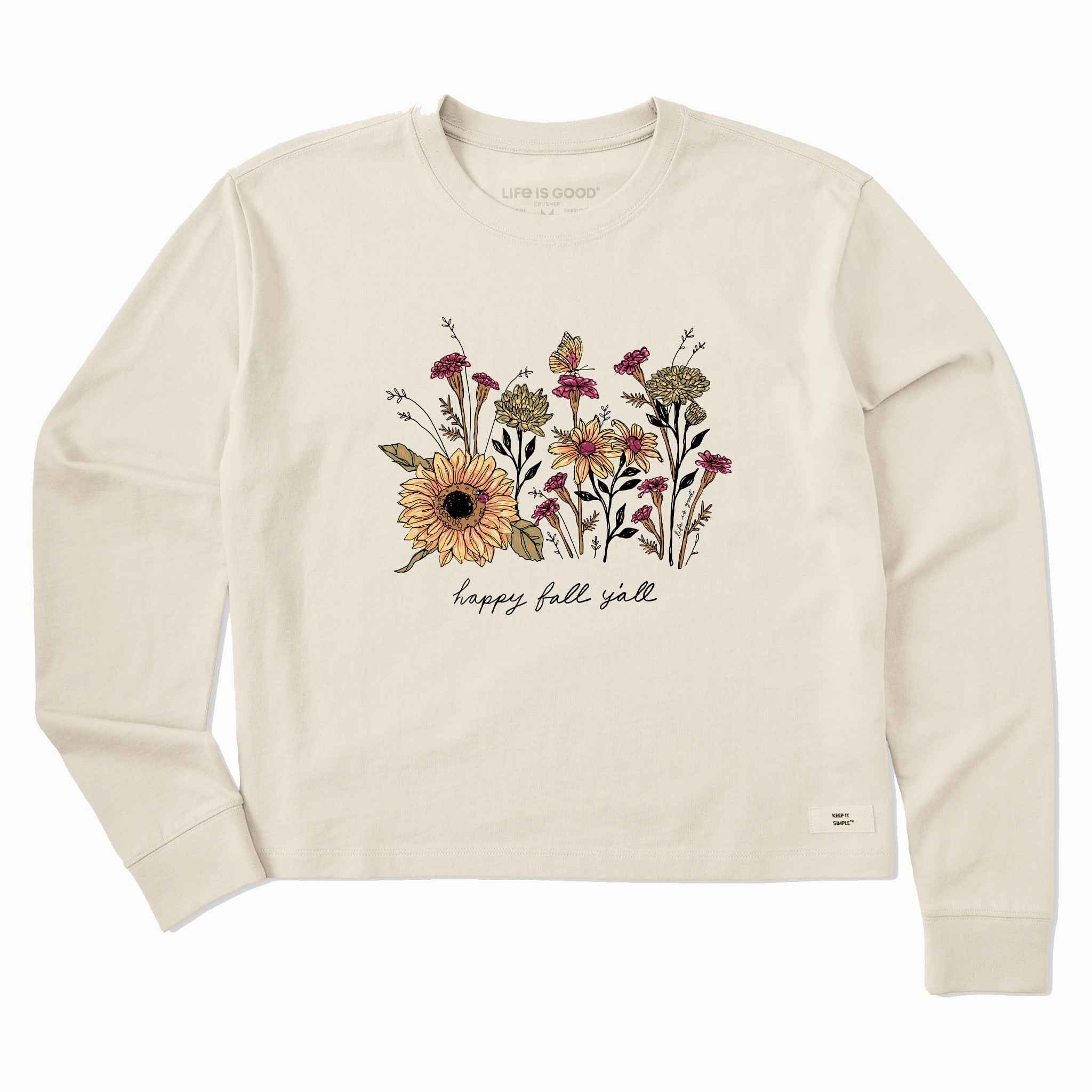 Simple and Cozy Women's Happy Fall Flowers Long Sleeve Crusher Boxy Tee