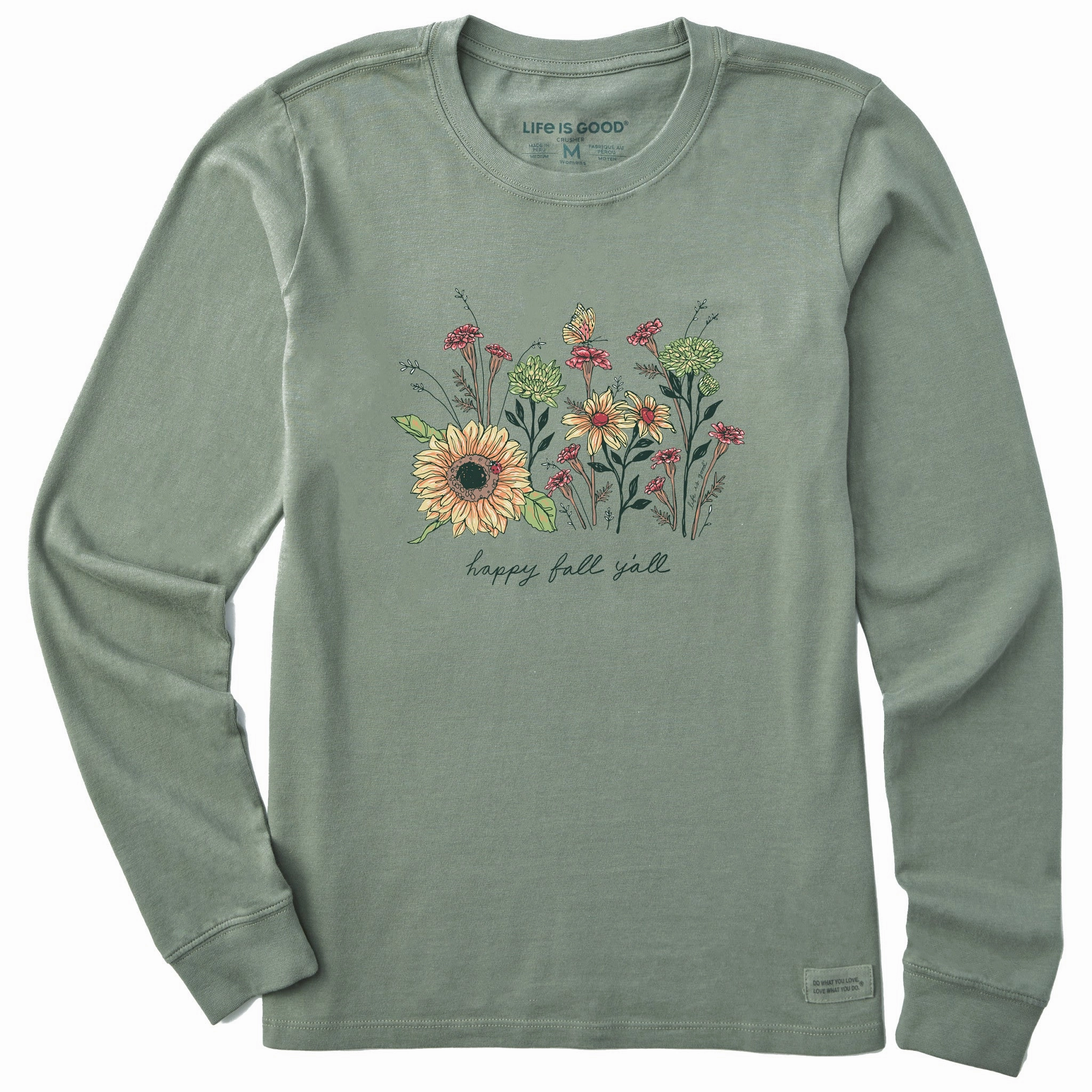 Women's Happy Fall Flowers Long Sleeve Crusher Tee Layered Collar Structure