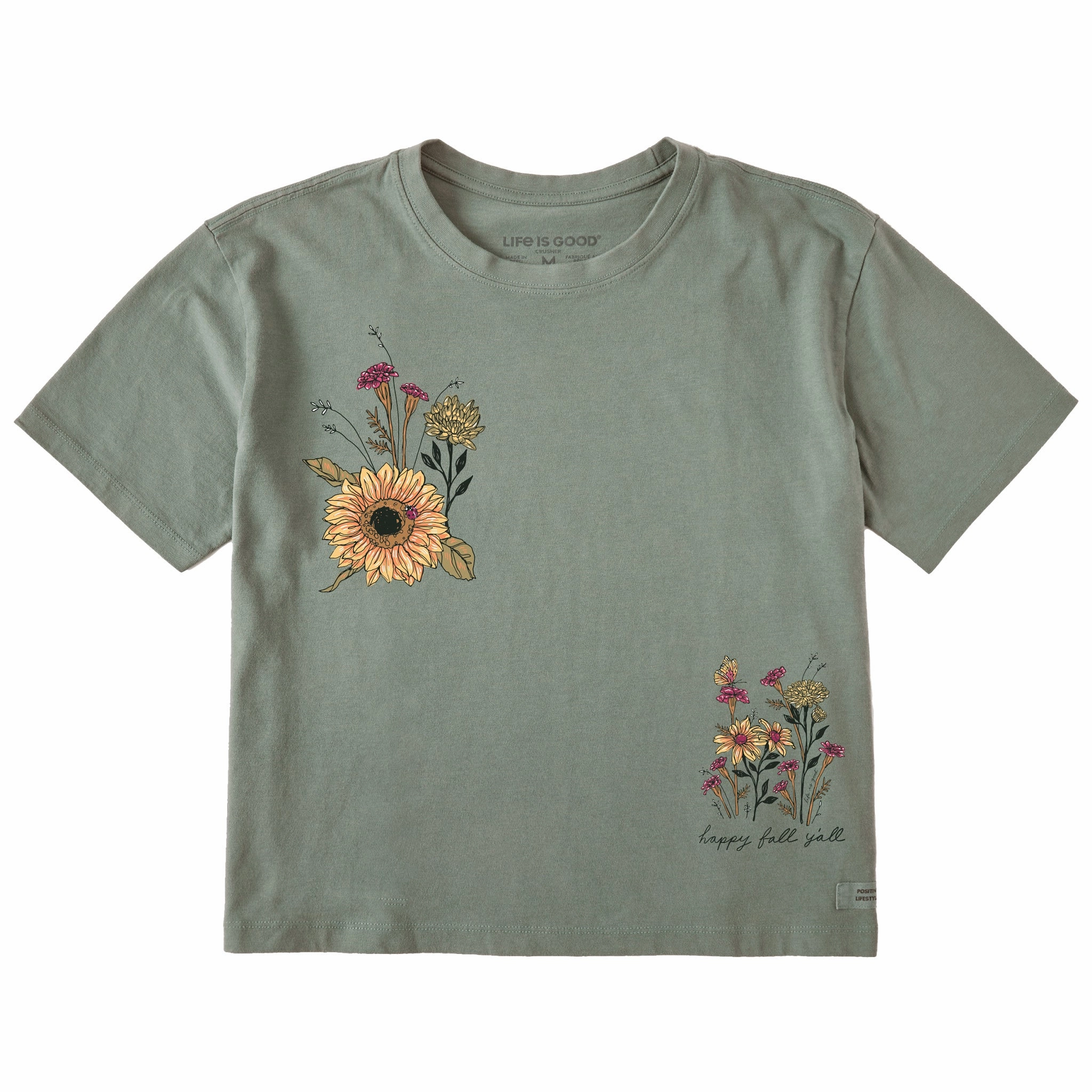 Comfortable Layer Women's Happy Sunflowers Short Sleeve Crusher Boxy Tee