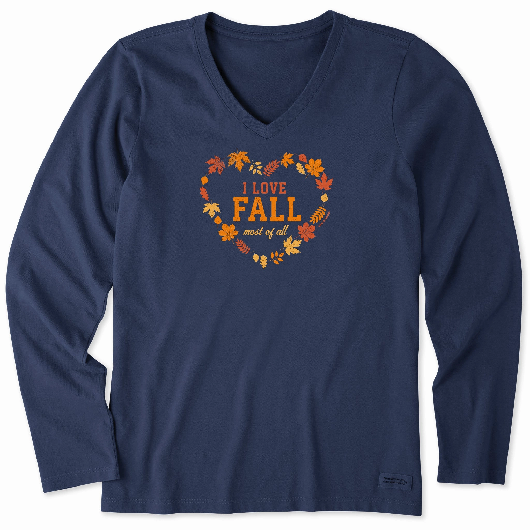 Women's I Love Fall Heart Long Sleeve Crusher Vee Casual Essentials Perfect Layer