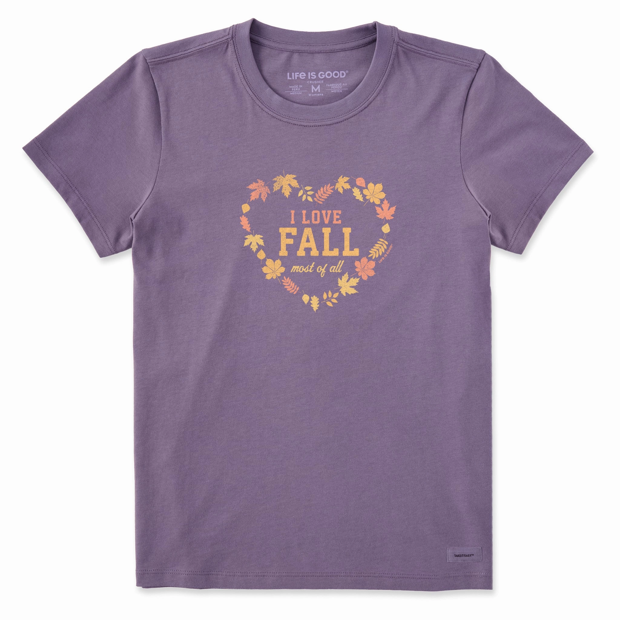 Women's I Love Fall Heart Short Sleeve Crusher Tee Breathable Comfort Fit MicroPiqueKnit