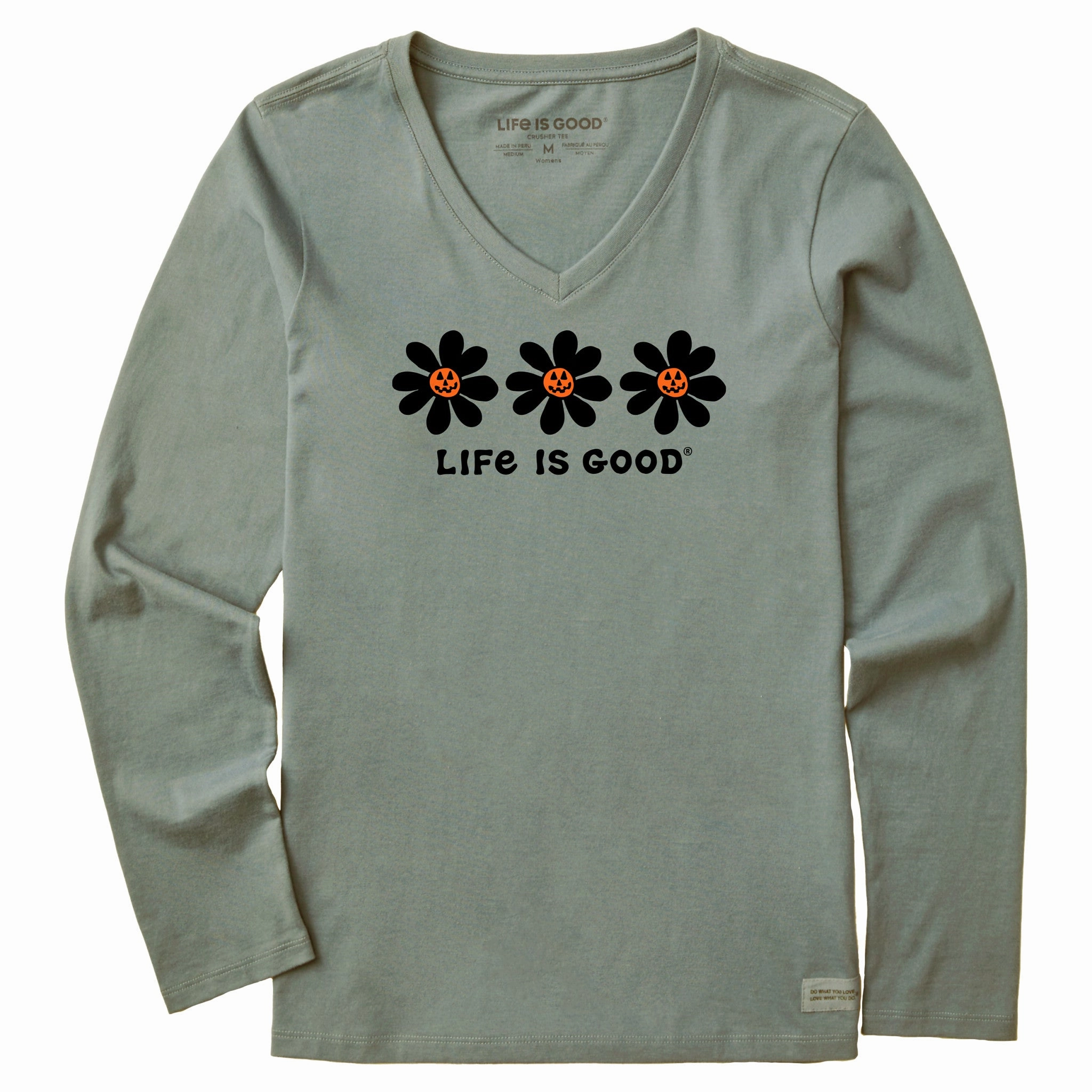 Women's Jack O Lantern Daisies Long Sleeve Crusher Vee EcoFriendly Dye theater visit