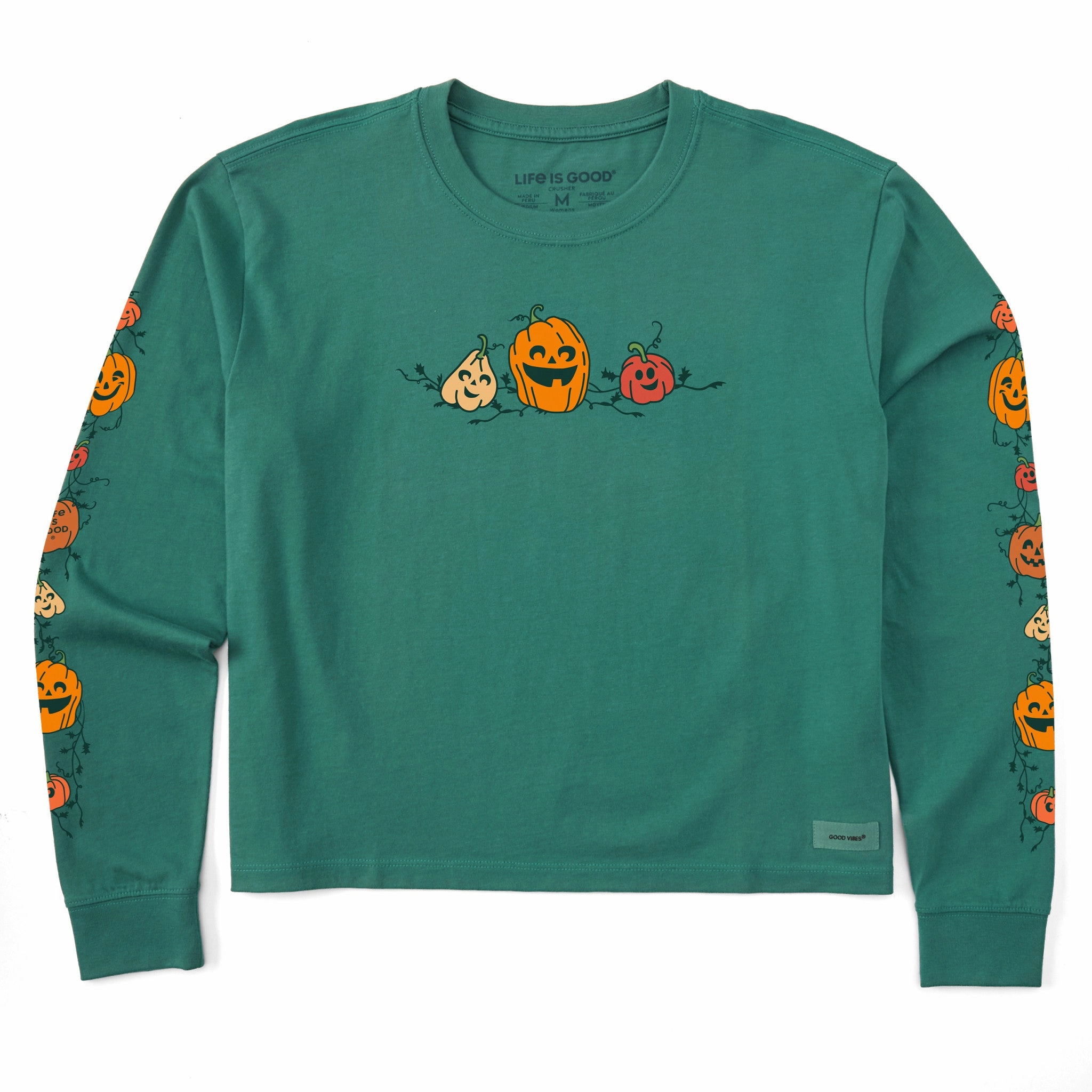 Water Based Ink Print Non Restrictive Silhouette Women's Jack-O-Lanterns Long Sleeve Crusher Boxy Tee