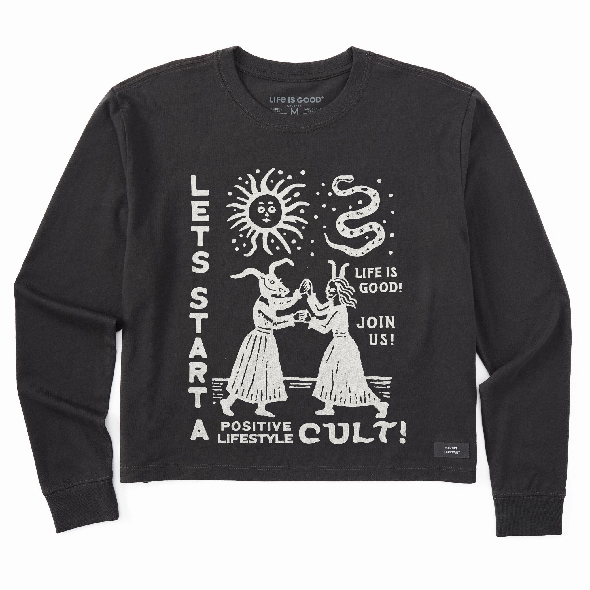 Women's Let's Start a Cult Long Sleeve Crusher Boxy Tee Geometric Pattern All-day Comfort