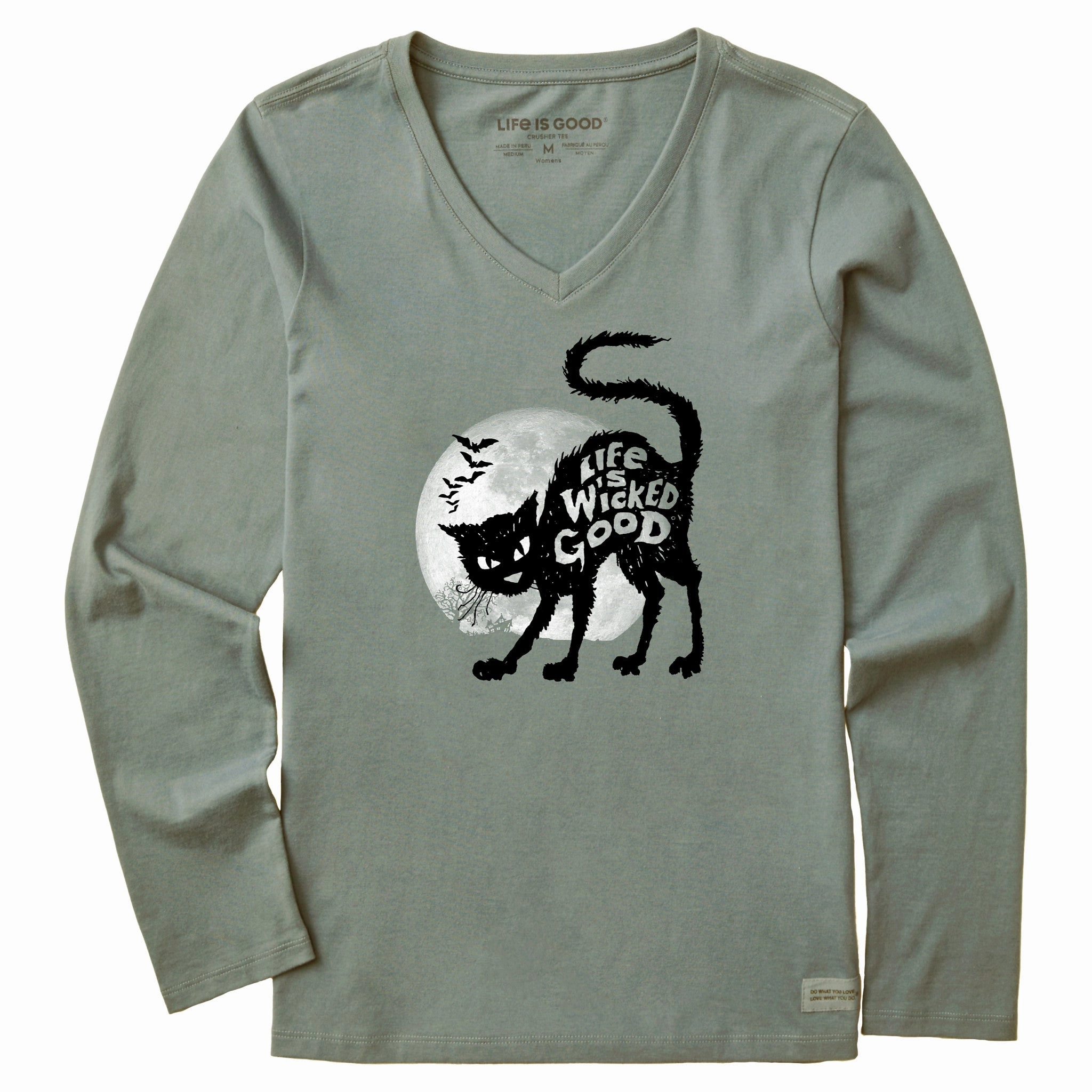 Simple yet stylish Relaxed Everyday Wear Women's Life is Wicked Good Cat Long Sleeve Crusher Vee