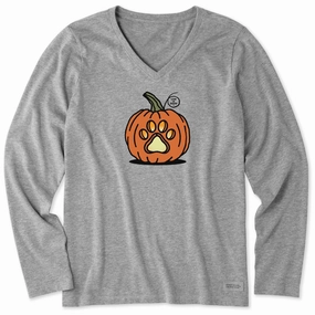 Perfect Layering Non Iron Fabric Women's Paw Pumpkin Long Sleeve Crusher Vee