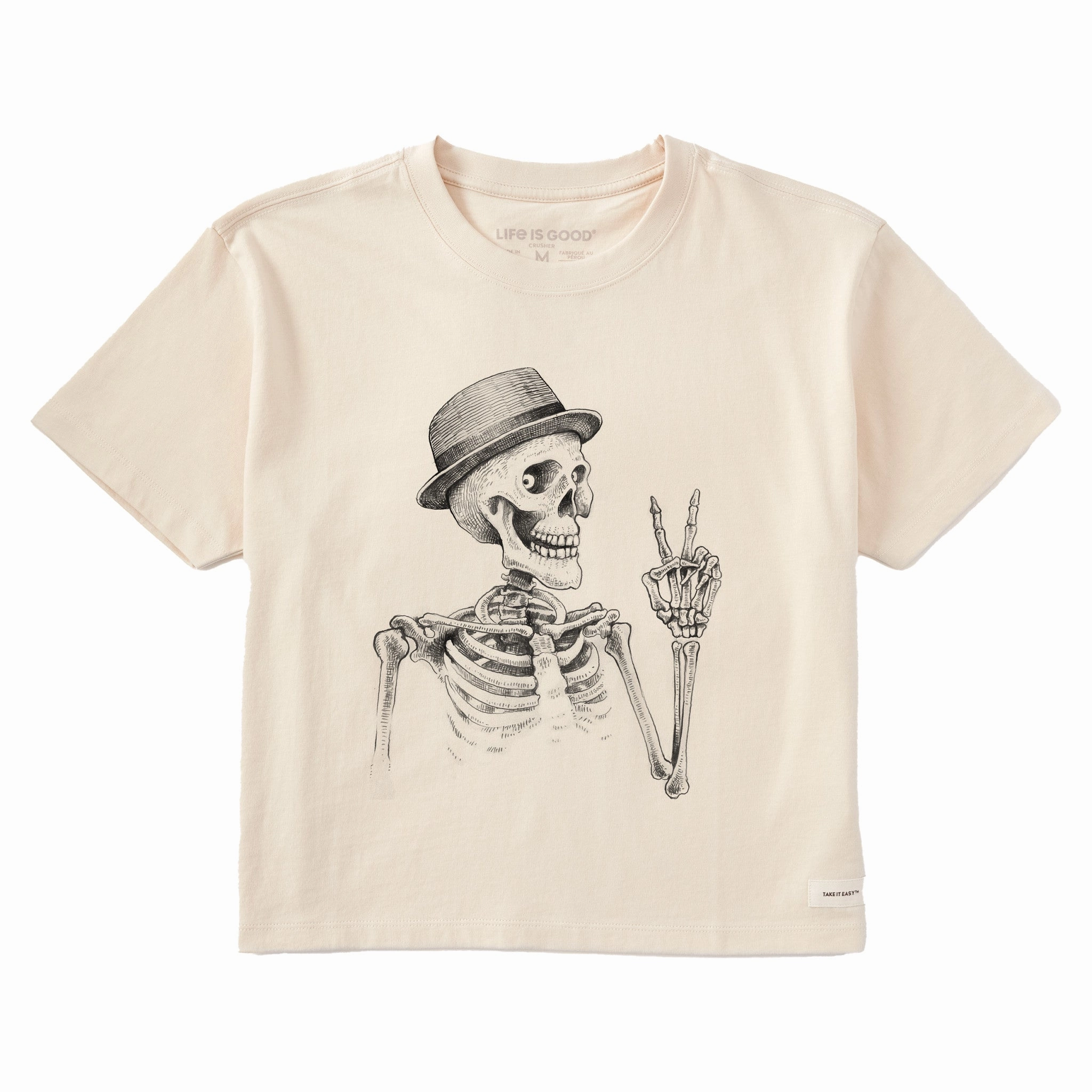 Women's Peaceful Bones Short Sleeve Crusher Boxy Tee Flex Fit Layered Hem Detail