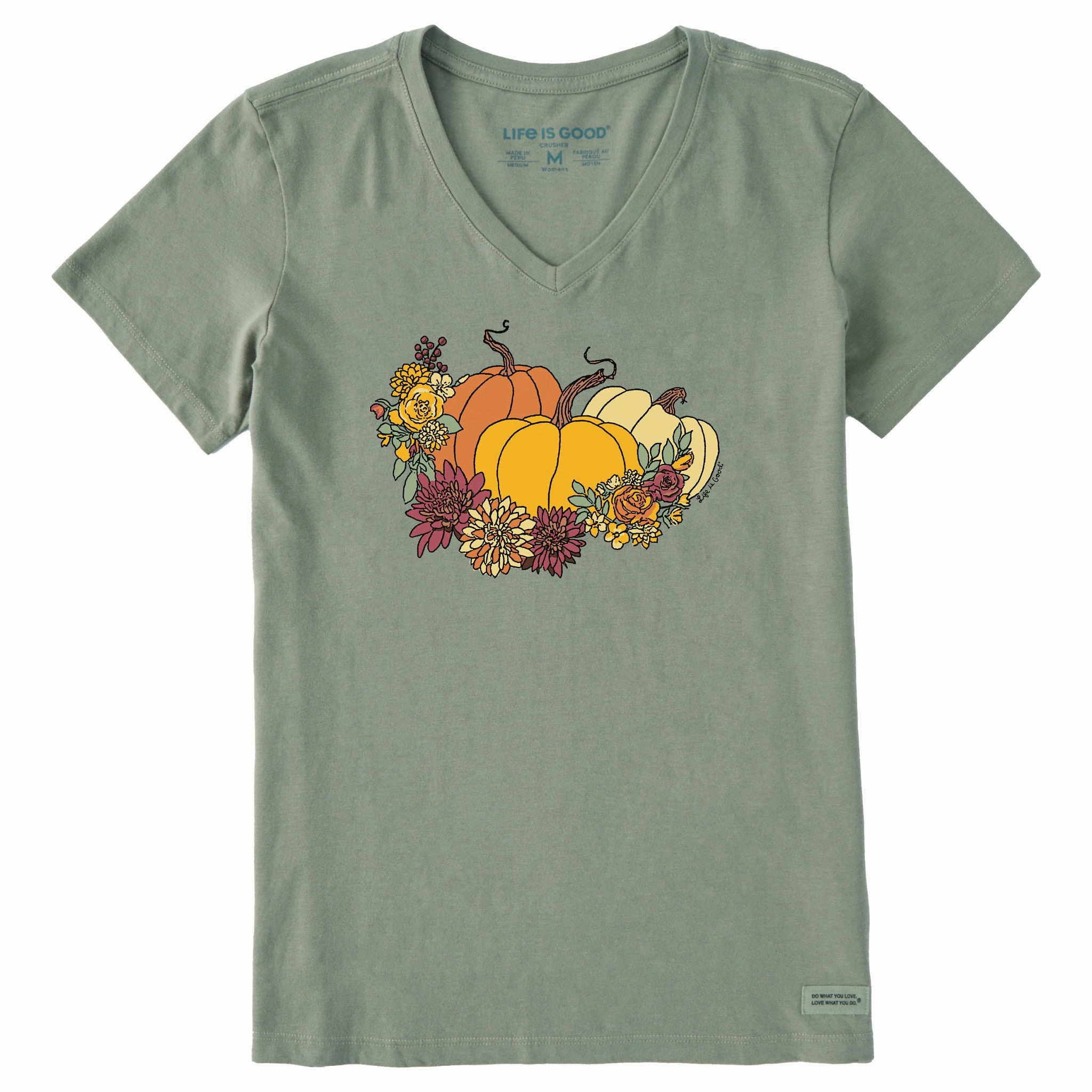 Women's Pumpkin and Flowers Short Sleeve Crusher Vee Summer Essential Garment Dyed Technique