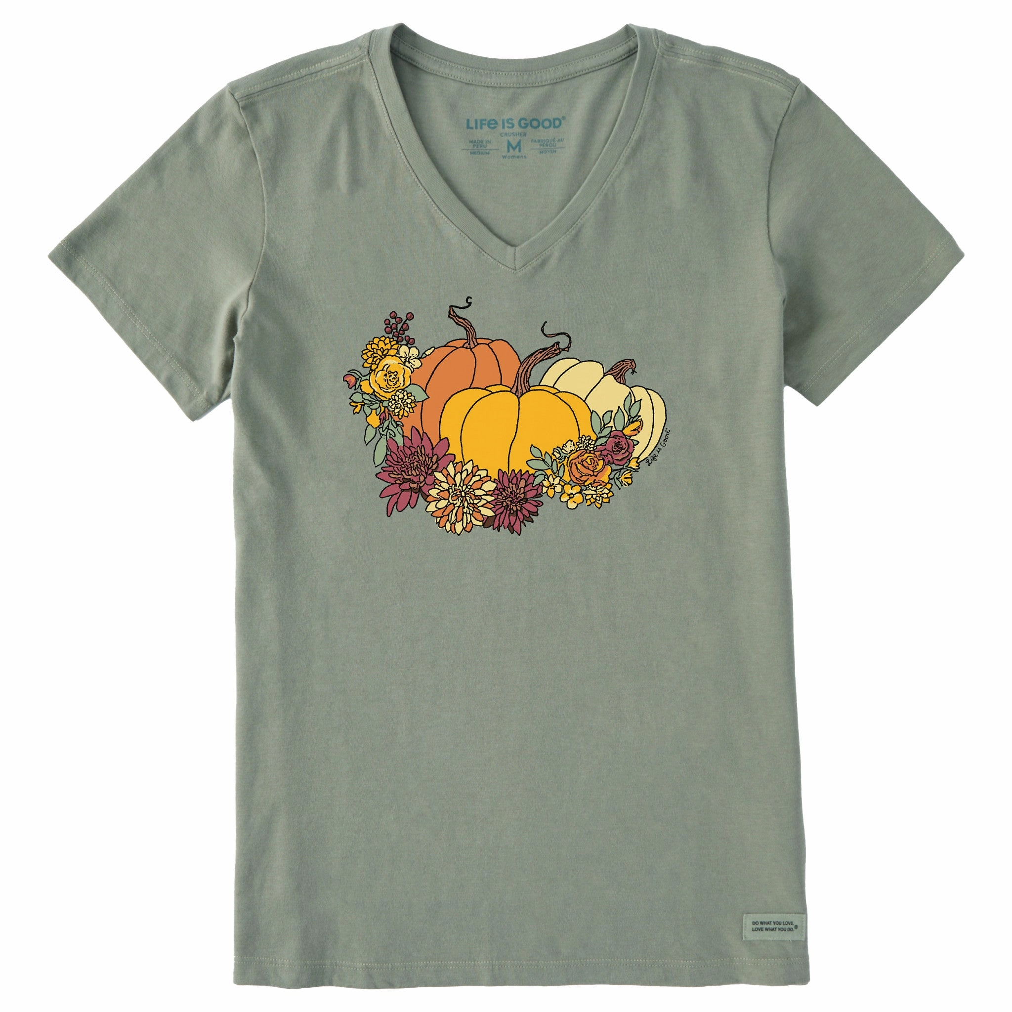 Outdoor Comfort Style Active Comfort Style Women's Pumpkin and Flowers Short Sleeve Crusher Vee