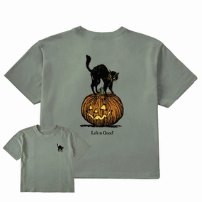 SlimFit Women's Pumpkin Cat Short Sleeve Crusher Boxy Tee