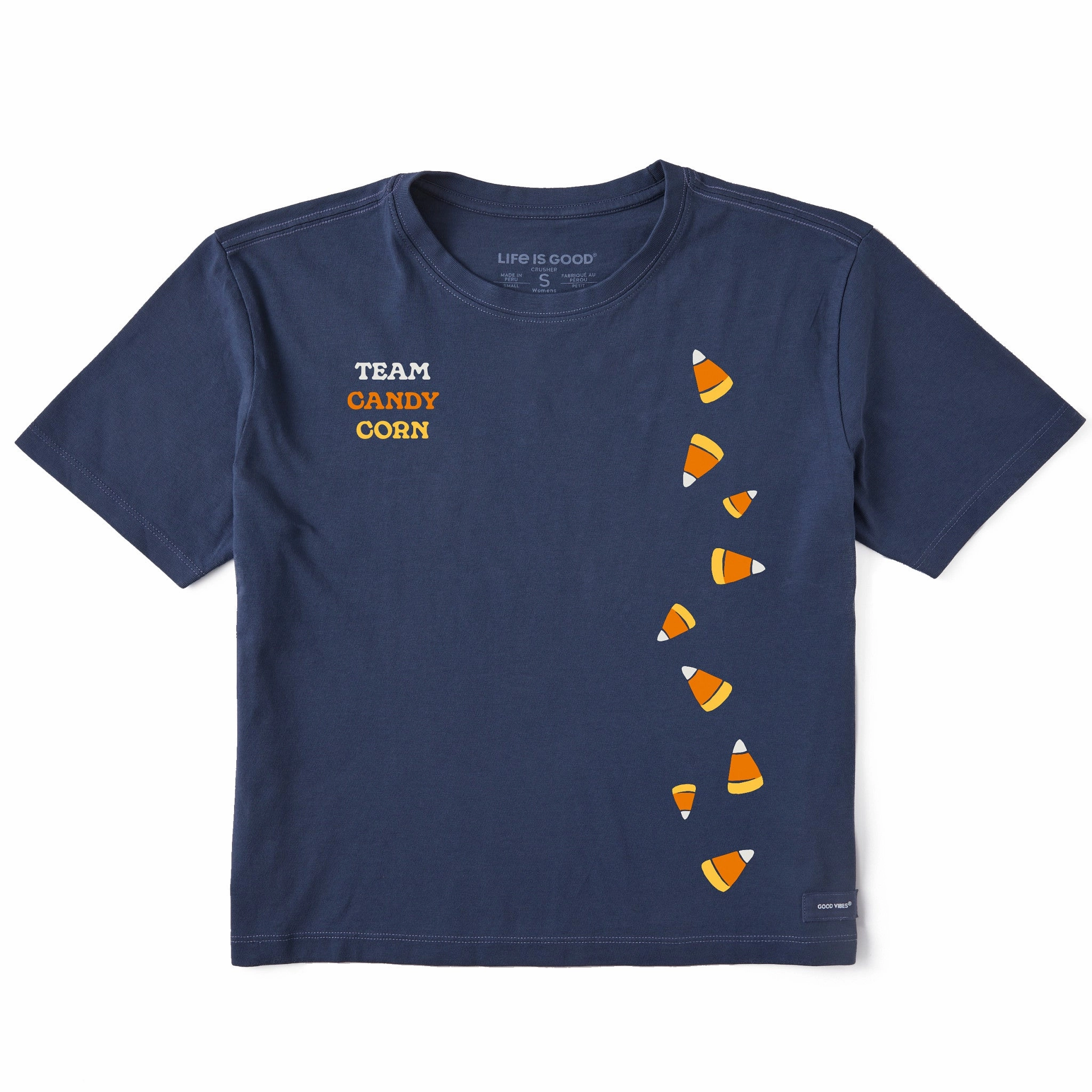 Women's Scattered Candy Corn Short Sleeve Crusher Boxy Tee Layered Hem Detail