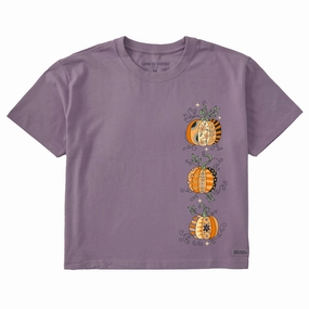 Women's Three Patchwork Pumpkins Short Sleeve Crusher Boxy Tee Trendy Basics