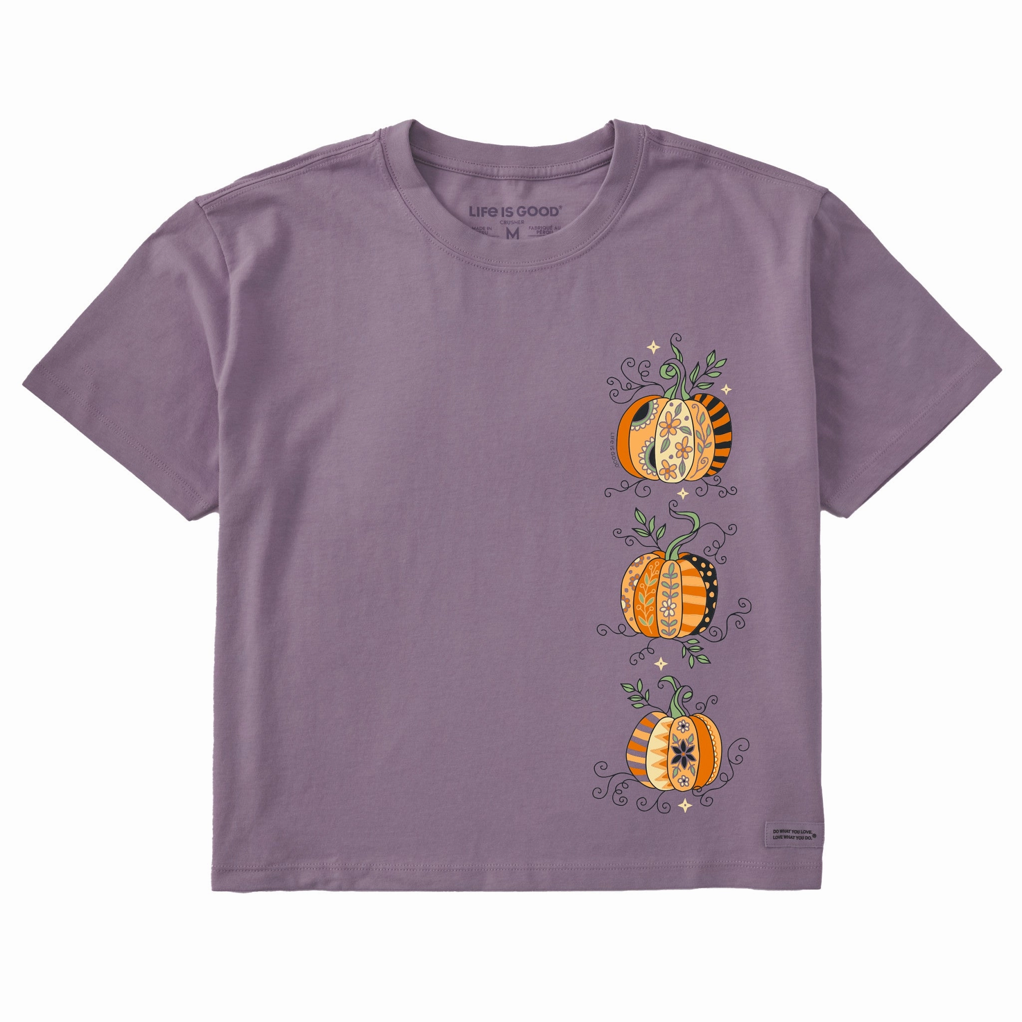 Women's Three Patchwork Pumpkins Short Sleeve Crusher Boxy Tee Wide Neck Opening