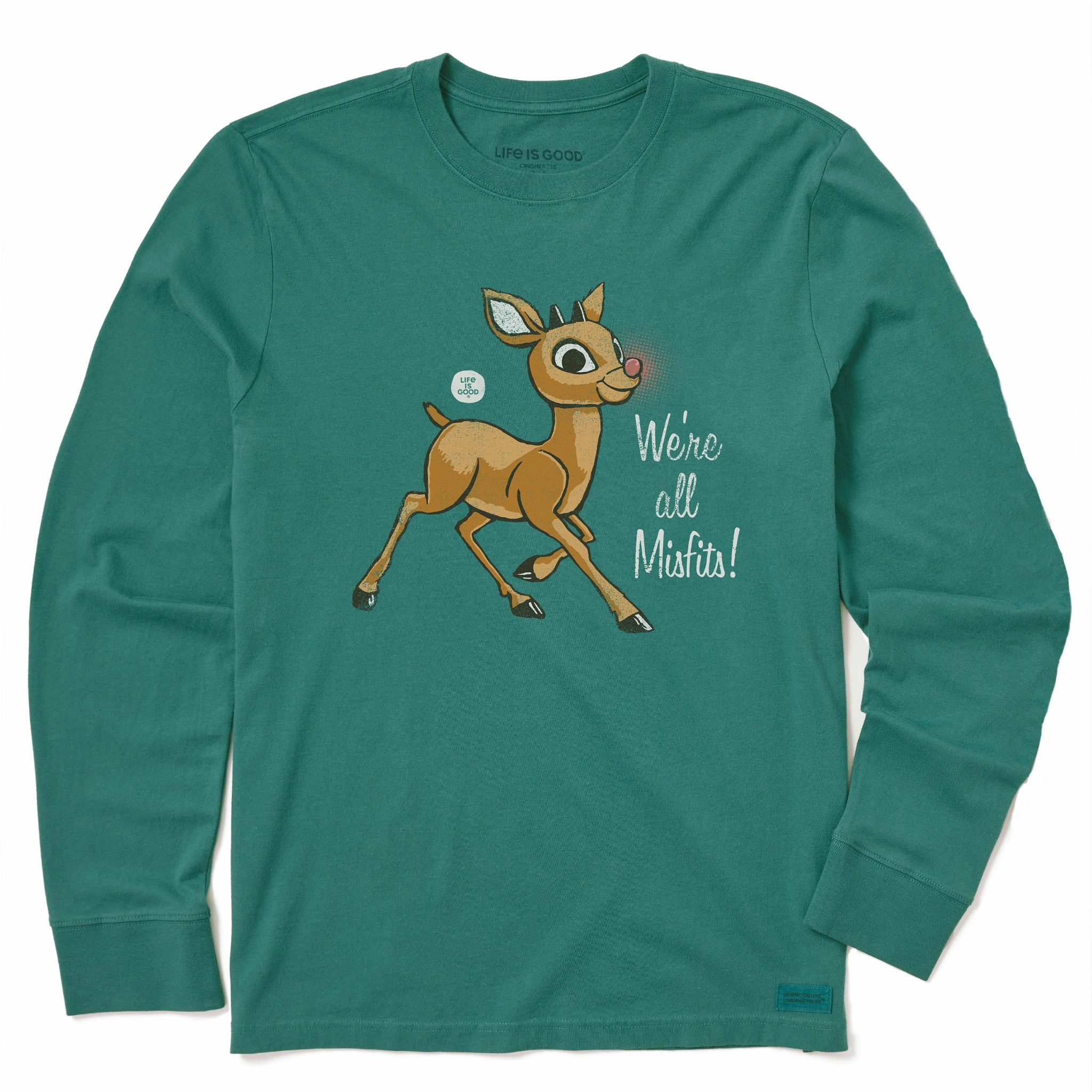 Kids Rudolph We're All Misfits! Long Sleeve Crusher Tee Brushed Interior Lining Self Fabric Tape