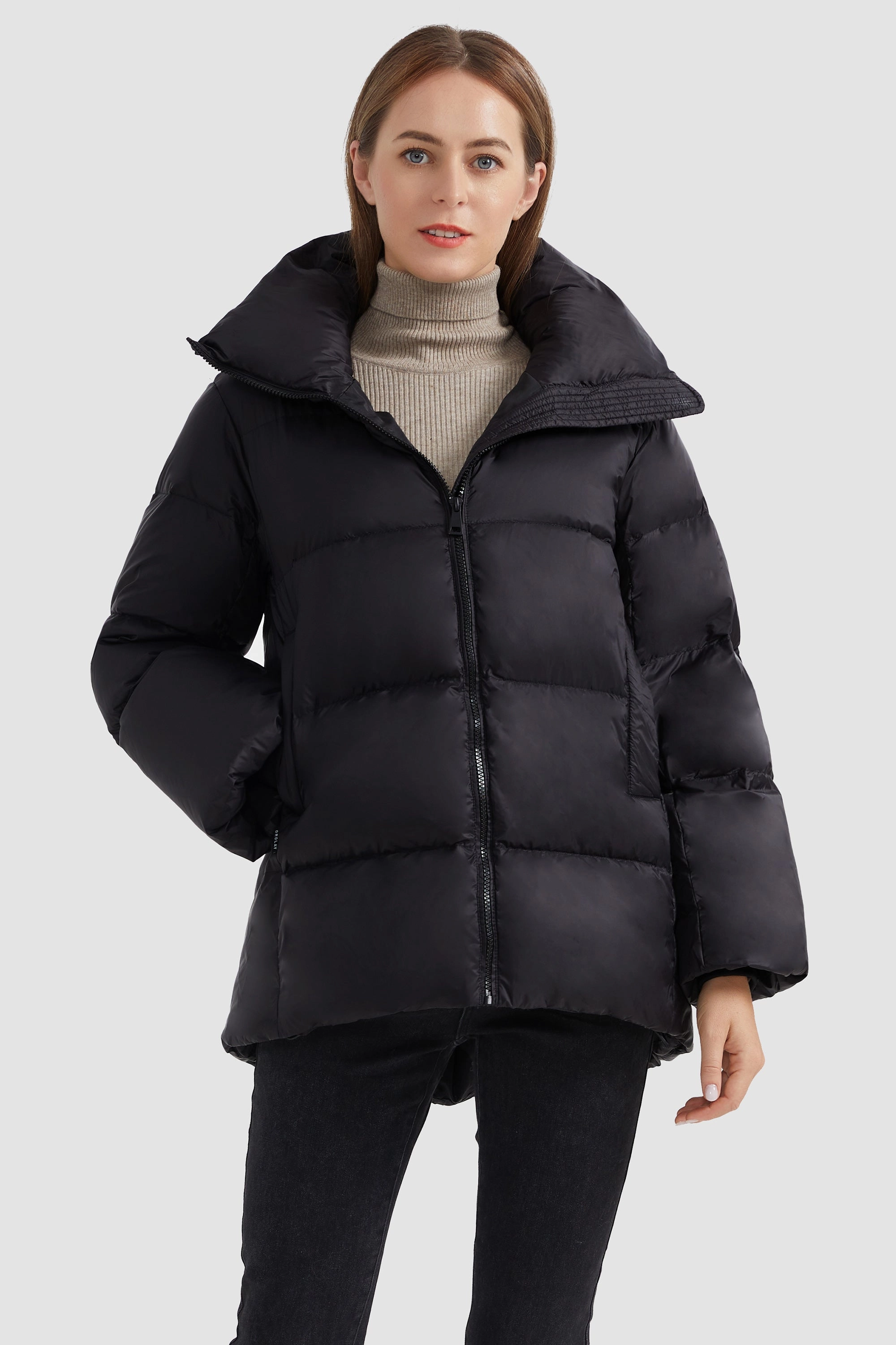 Zipper Front Puffer Down Coat Elasticated Waistband Layered Ventilation Panels